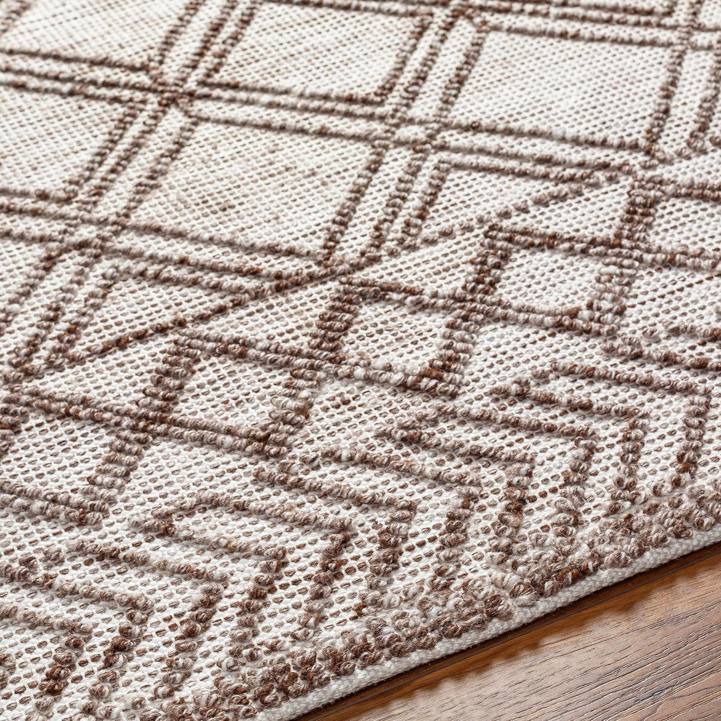 Hauteloom Whitney Recycled Material Area Rug - Geometric Diamond Trellis Lattice Border - Bohemian Transitional Moroccan Boho Tribal - Beige, Dark Brown, Cream, Brown, Taupe - 5' x 7'6"