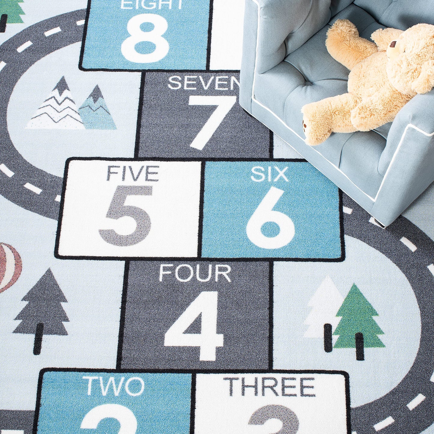 SAFAVIEH Washable Rug Kids Playhouse Collection - 5'5" x 7'7", Grey & Blue, Slip Resistant & Easy to Clean, Ideal for Kids Room, Playroom, Nursery, Boys & Girls Room (KPH226F)
