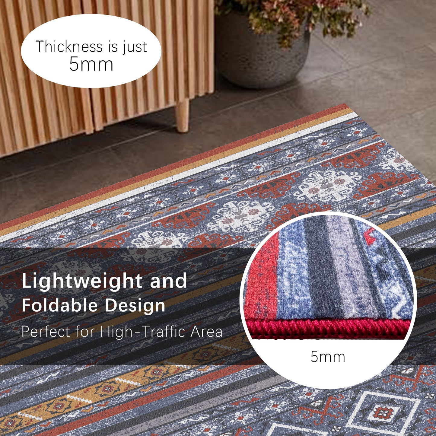RUGSURE Washable Area Rugs 6' x 9' - 1/6 Thick - Moroccan-Inspired -Stain & Water Resistant Non-Slip - Resistant Rug for Living Room, Bedroom, Nursery, Pet & Child Friendly (Blue and Red)