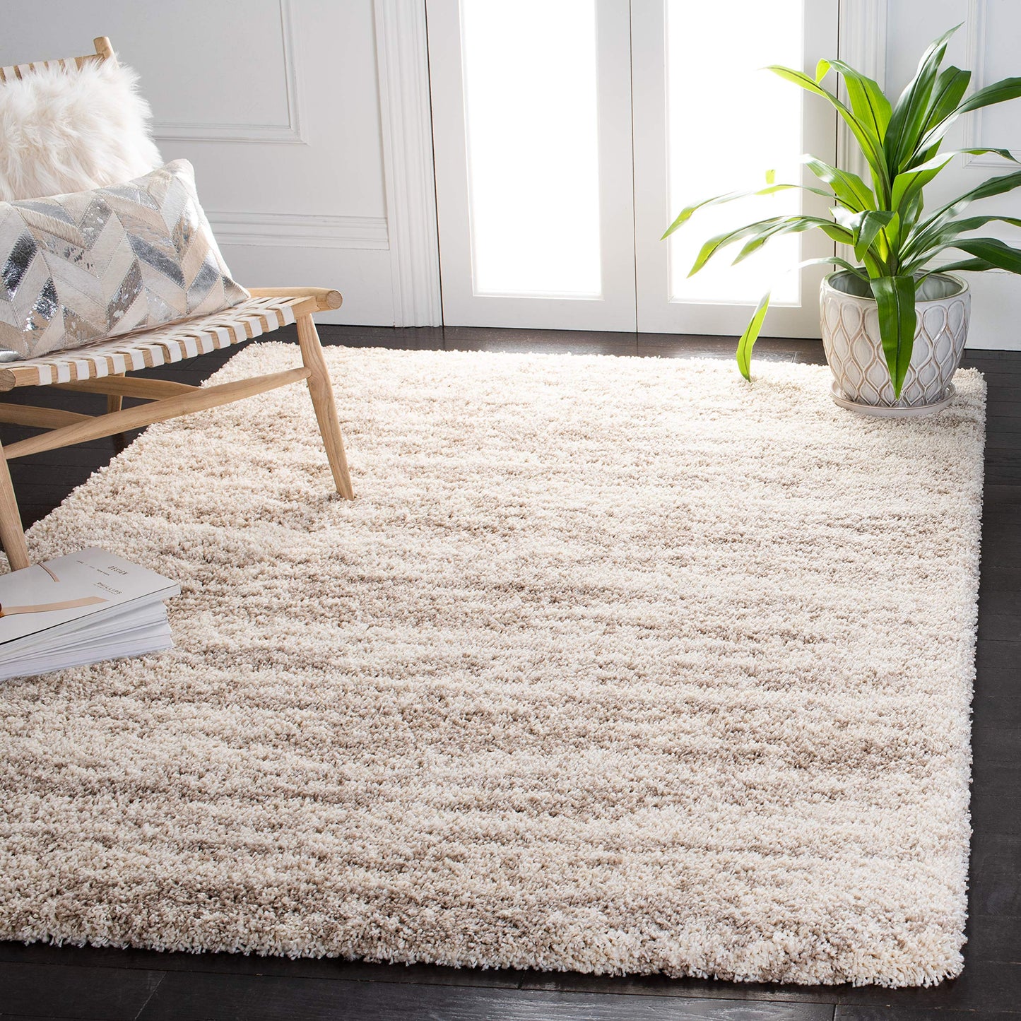 SAFAVIEH Hudson Shag Collection Area Rug - 7' Square, Ivory & Beige, Modern Design, Non-Shedding & Easy Care, 2-inch Thick Ideal for High Traffic Areas in Living Room, Bedroom (SGH206B)
