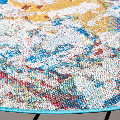 SAFAVIEH Washable Rug Outdoor Barbados Collection - 6'6" Round, Light Blue & Yellow Rust, Non-Shedding & Easy to Clean, Ideal for Patio, Backyard, Mudroom (BAR538J)