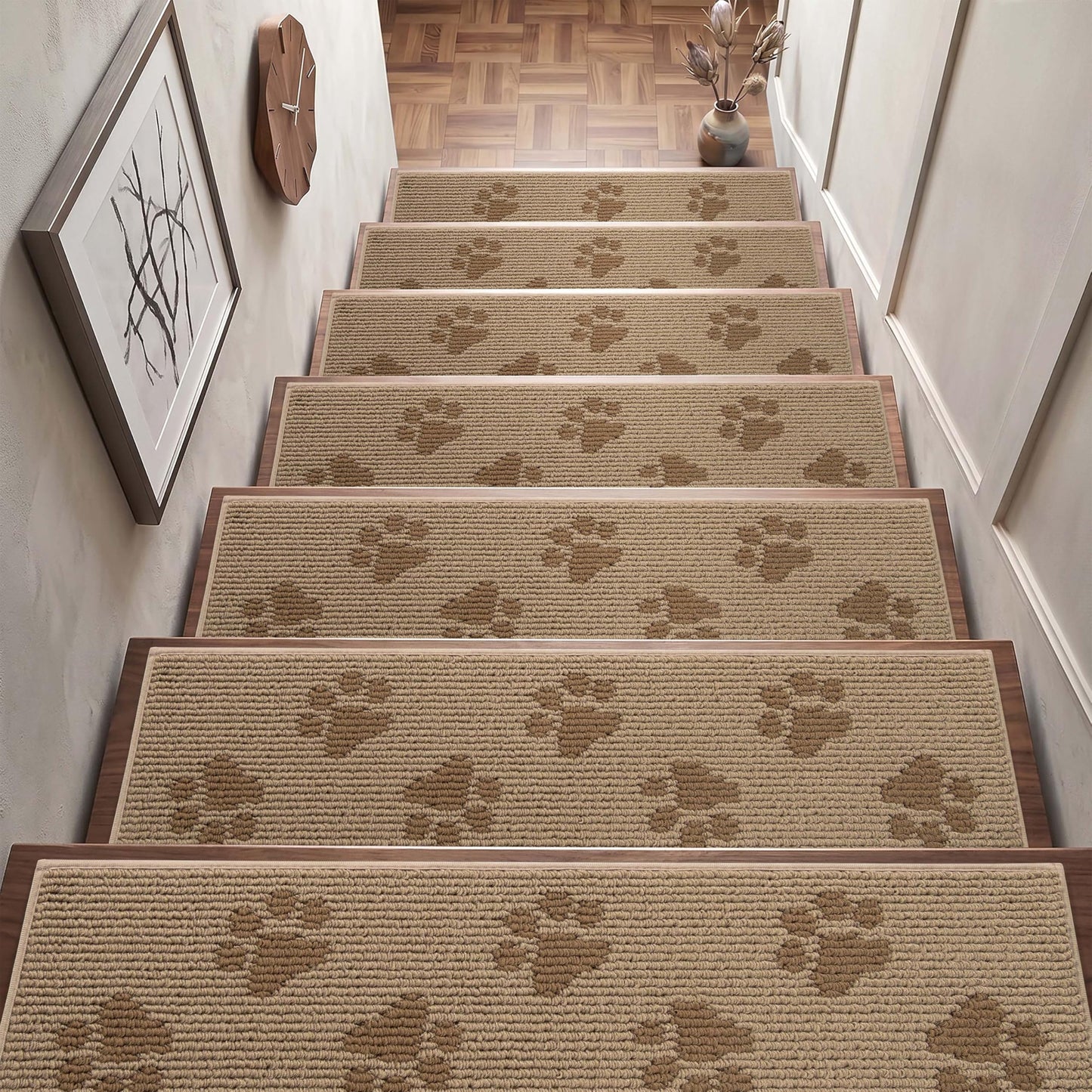 DEXDE Stair Treads for Wooden Steps Non-Slip 15pcs, 30"x8" Washable Stair Runners with Cat Paw Pattern, Non-Skid Safety Carpet Mats for Dogs and Kids, Reusable Indoor Stair Rugs for Home, Beige