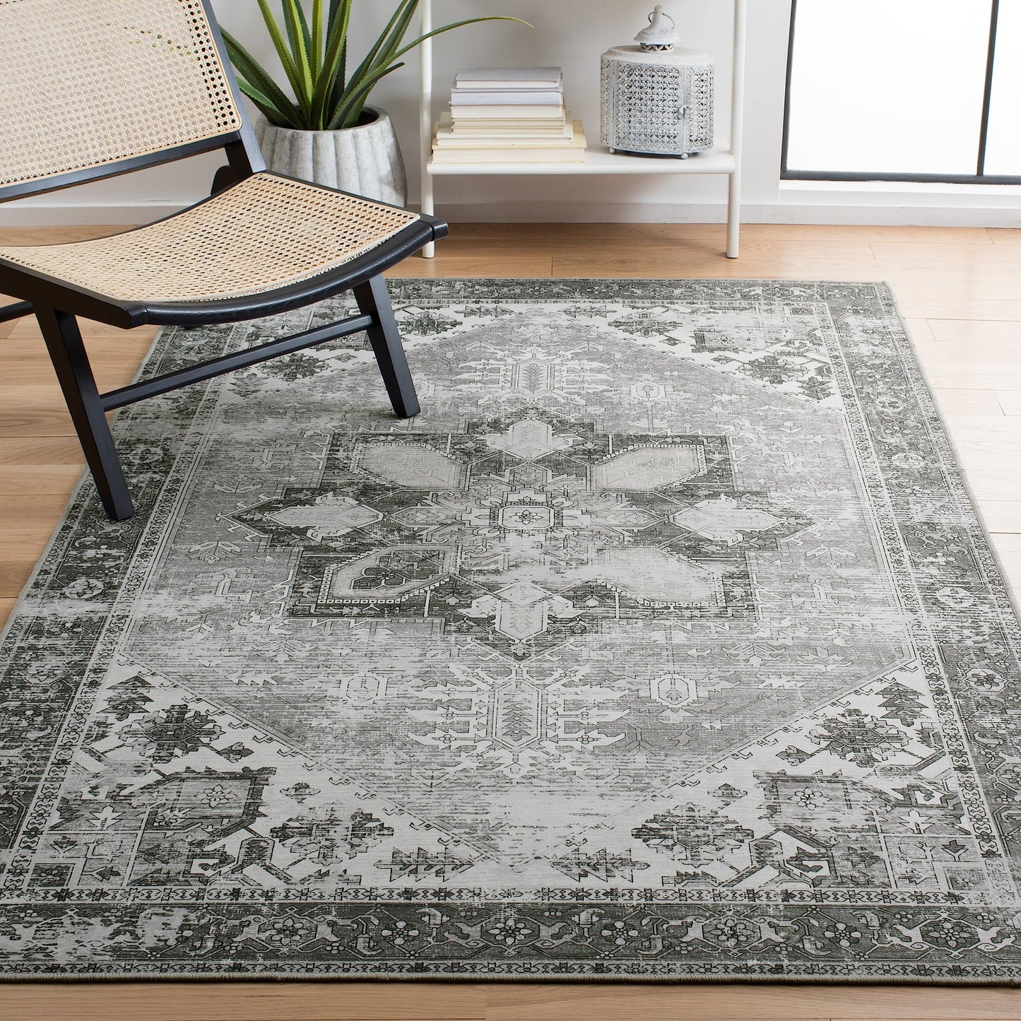 SAFAVIEH Washable Rug Tucson Collection - 4' x 6', Dark Sage & Ivory, Slip Resistant & Easy to Clean, Ideal for Foyer, Kitchen, Nursery, Office, Bedroom (TSN102F)