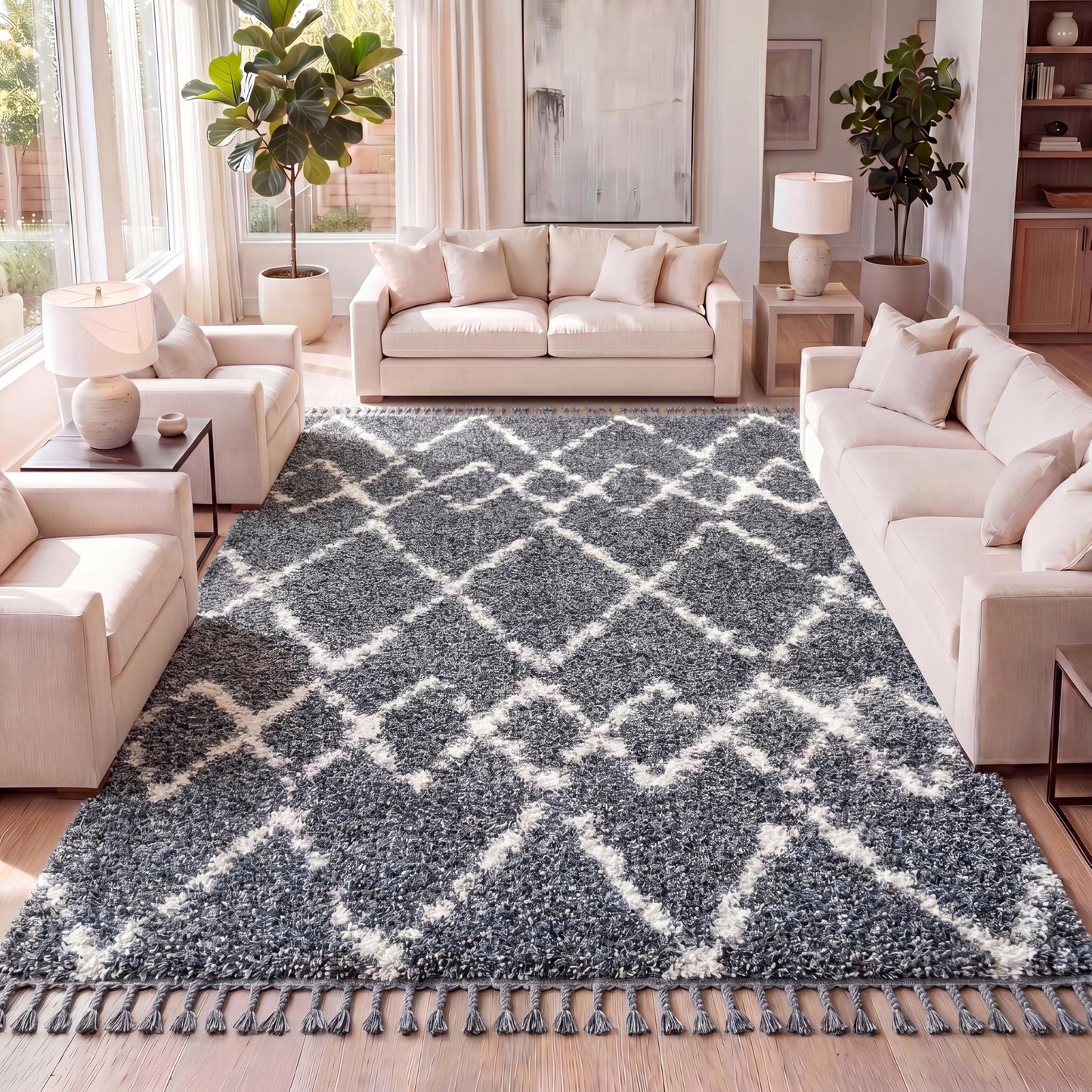JONATHAN Y Mercer Shag Plush Tassel Blue/Cream Indoor Area Rug, 8x10, Moroccan Geometric Trellis, Contemporary, Easy-Cleaning for Living Room, Bedroom, Kitchen, Pet Friendly, Non-Shedding (MCR102A-8)