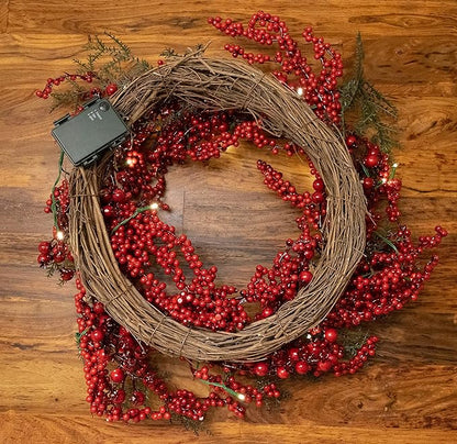 Red Co. 22” Light-Up Christmas Wreath with Red Cranberries, Battery-Operated LED Lights with Timer