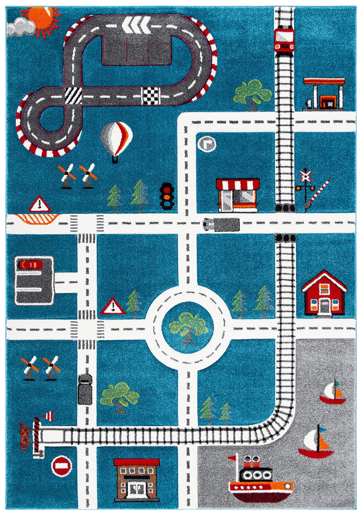 SAFAVIEH Carousel Kids Collection Area Rug - 5'3" x 7'6", Turquoise & Ivory, Non-Shedding & Easy Care, Ideal for High Traffic Areas for Boys & Girls in Playroom, Nursery, Bedroom (CRK192K)