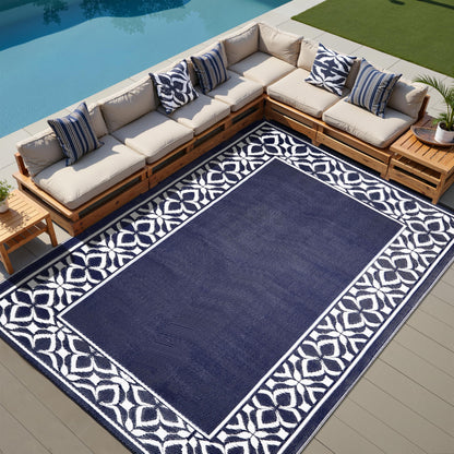 PureCozy Outdoor Plastic Straw Rug Navy Blue Large Outside Waterproof Outdoor Patio 5x8 Carpet Geometric Reversible Mat Modern for Camping RV Porch Deck Balcony Beach