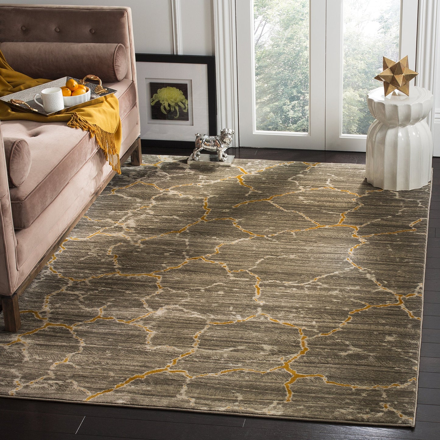 SAFAVIEH Porcello Collection Area Rug - 6'7" Square, Dark Grey & Yellow, Modern Abstract Design, Non-Shedding & Easy Care, Ideal for High Traffic Areas in Living Room, Bedroom (PRL7738C)