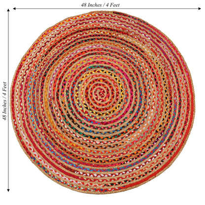 Lightnpro Bohemian Braided Rug 4 Feet Round - Multi Color, Circle Farmhouse Jute Cotton Area Rag Rug for Kitchen, Kids Bedroom, Playroom | Colorful Hand Woven Reversible Pet Friendly Carpet