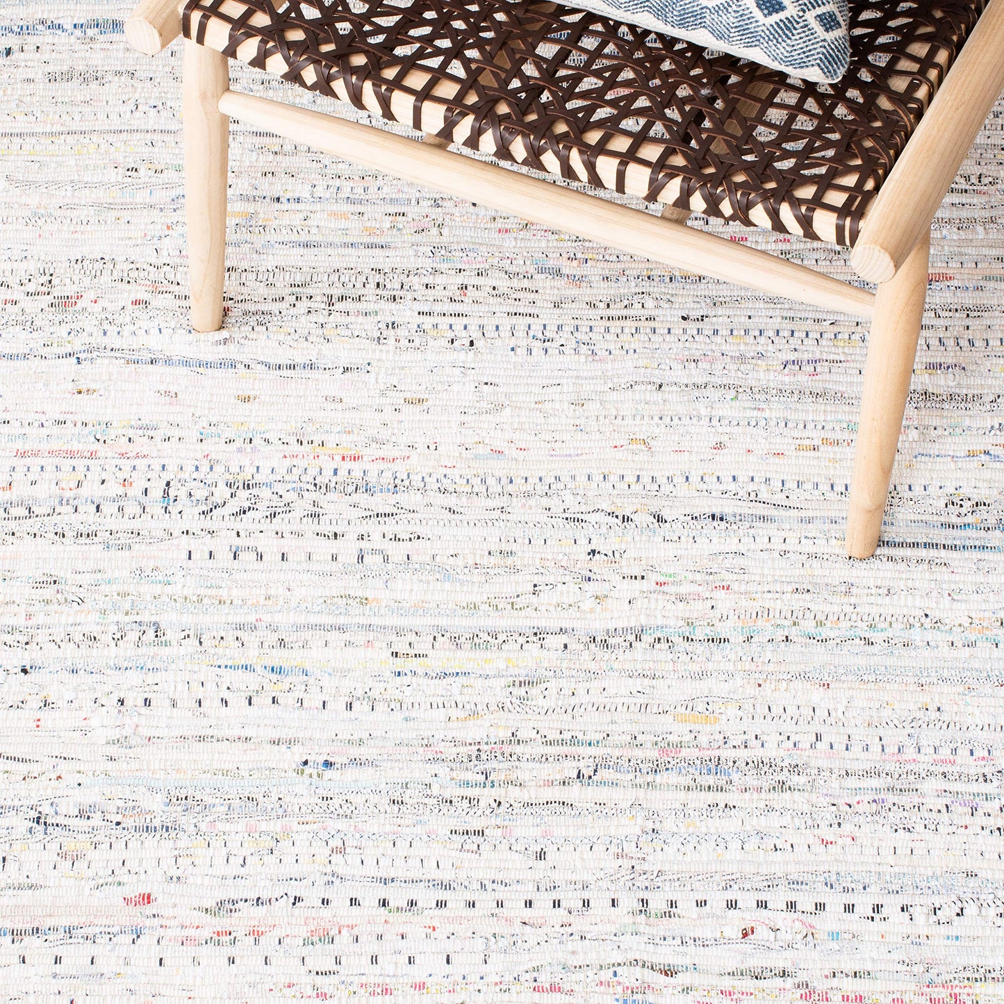 SAFAVIEH Rag Rug Collection Area Rug - 8' Square, Ivory & Multi, Handmade Boho Stripe Cotton, Ideal for High Traffic Areas in Living Room, Bedroom (RAR121G)