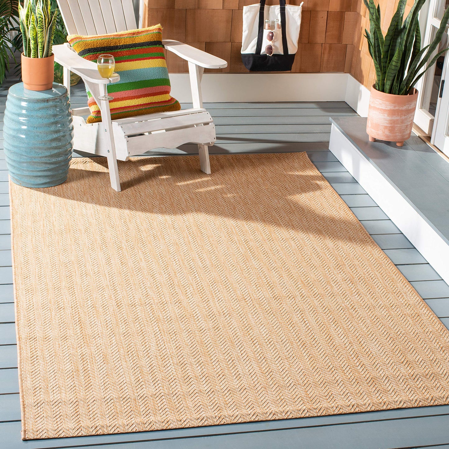 SAFAVIEH Washable Rug Outdoor Courtyard Collection - 4' x 5'7", Natural & Cream, Non-Shedding & Easy Cleaning, Ideal for Patio, Backyard, Mudroom (CY8022-03012)