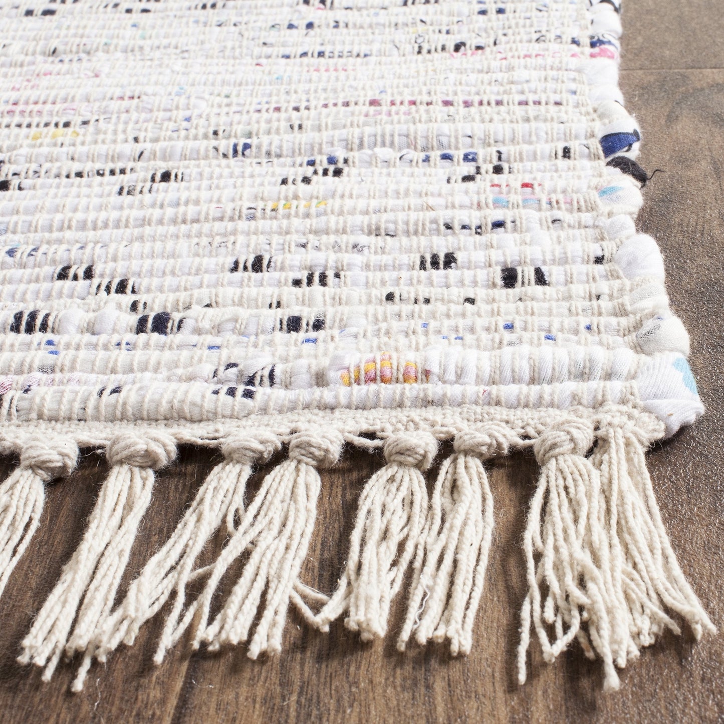 SAFAVIEH Rag Rug Collection Area Rug - 8' Square, Ivory & Multi, Handmade Boho Stripe Cotton, Ideal for High Traffic Areas in Living Room, Bedroom (RAR121G)