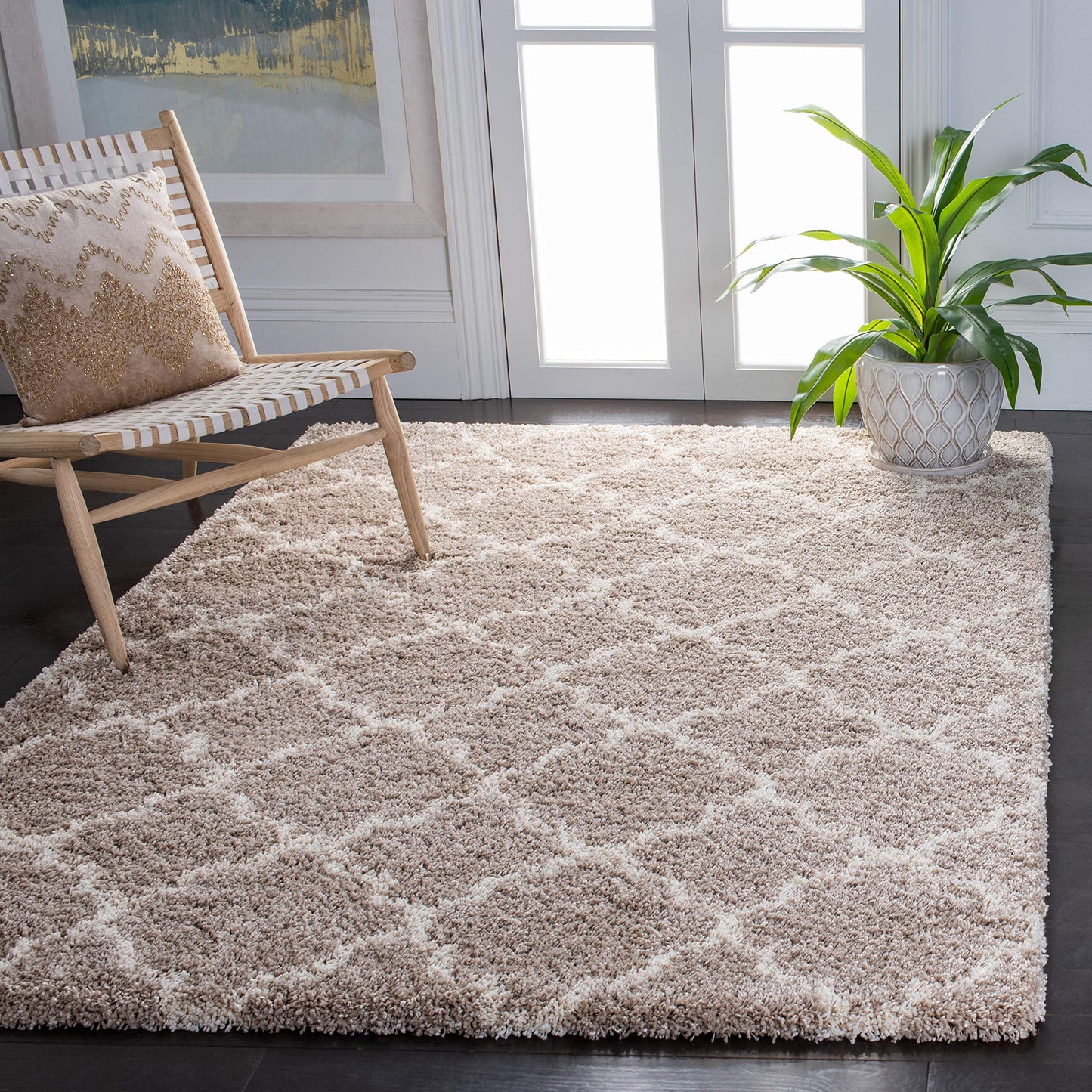 SAFAVIEH Hudson Shag Collection Area Rug - 5'3" x 7'6", Beige & Ivory, Moroccan Trellis Design, Non-Shedding & Easy Care, 2-inch Thick Ideal for High Traffic Areas in Living Room, Bedroom (SGH282F)