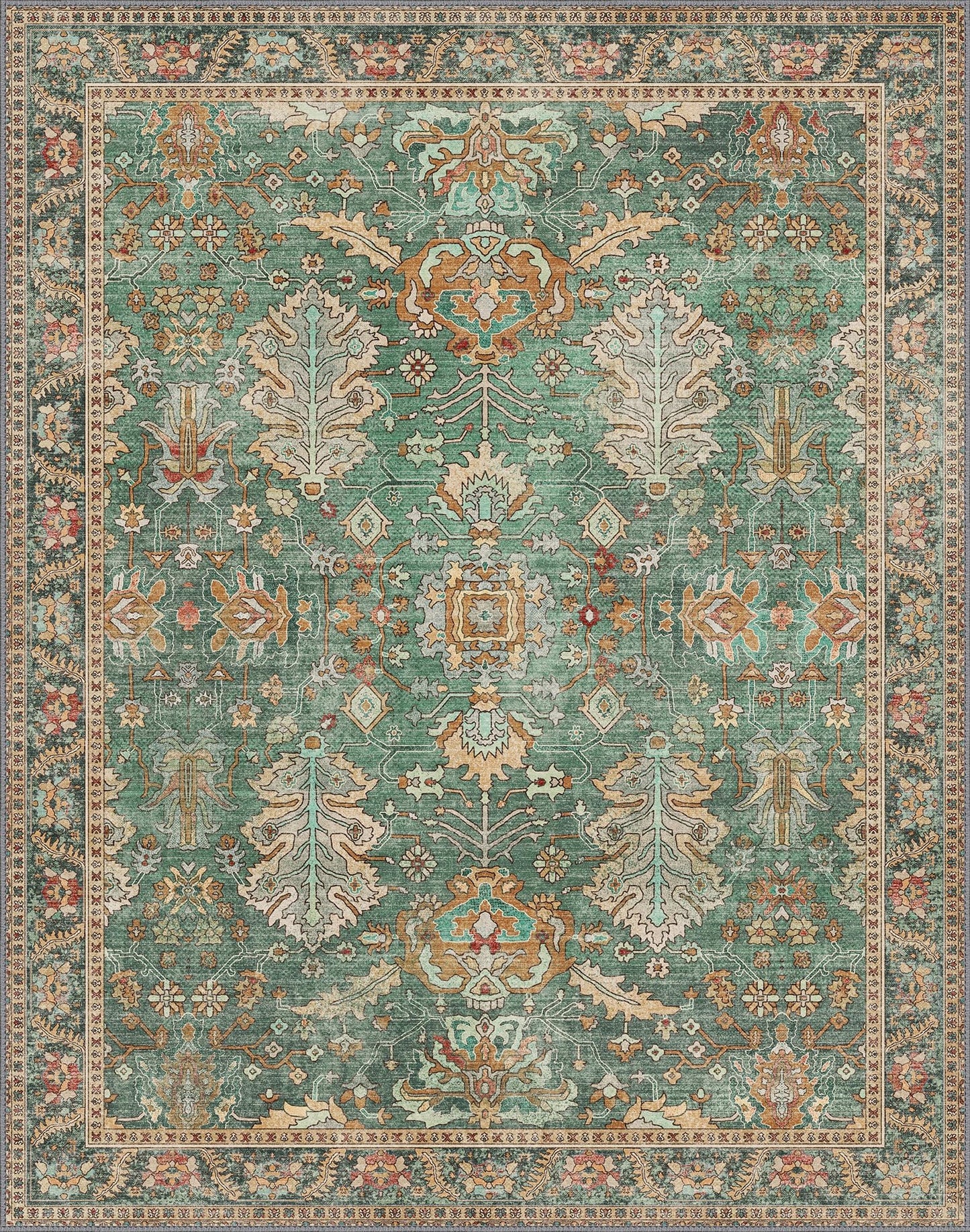 Bavni Washable Area Rugs 8x10 Green Boho Rug Tumble Vintage Large Carpet for Living Room Bedroom Dining Room, Non Slip Thin Low Pile Chenille, Dark Sage/Gold