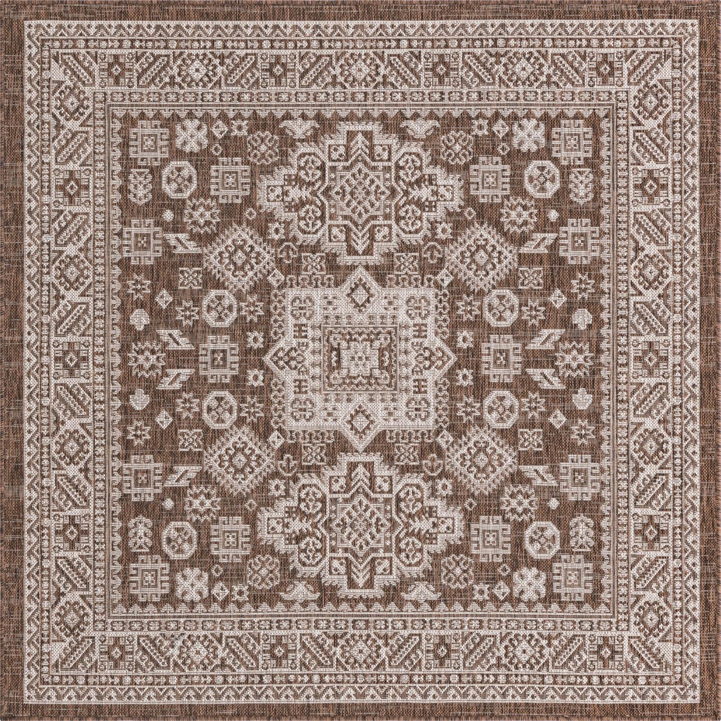 Rugs.com - Outdoor Aztec Rug – 5 Ft Square Brown Indoor/Outdoor Rug – Durable, Easy-Clean, Perfect for Patios and Porches