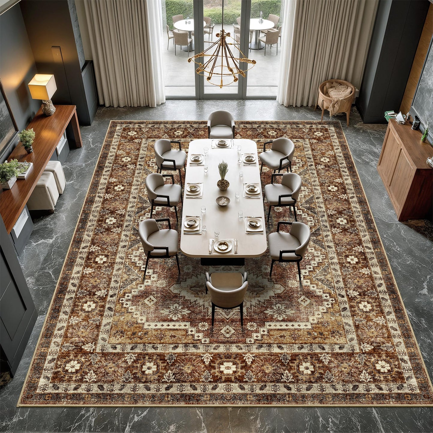 Rugland 8x10 Area Rugs - Stain Resistant Washable Rug, Anti Slip Backing Rugs for Living Room, Vintage Tribal Area Rugs (TPR07-Rust, 8'x10')