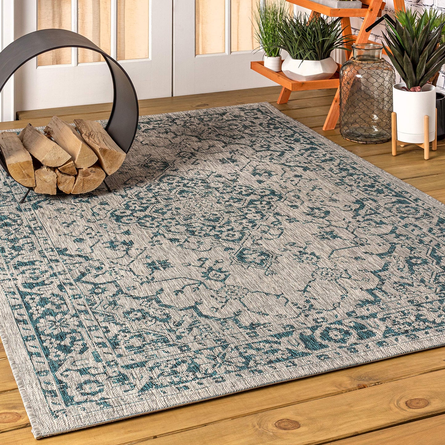JONATHAN Y Boho Medallion Indoor Outdoor Area Rug 3X5 Gray/Teal, Rozetta Textured Weave for Backyard, Patio, Porch, Easy-Cleaning, High Traffic, Pet-Friendly, Non-Shedding (SMB102C-3)
