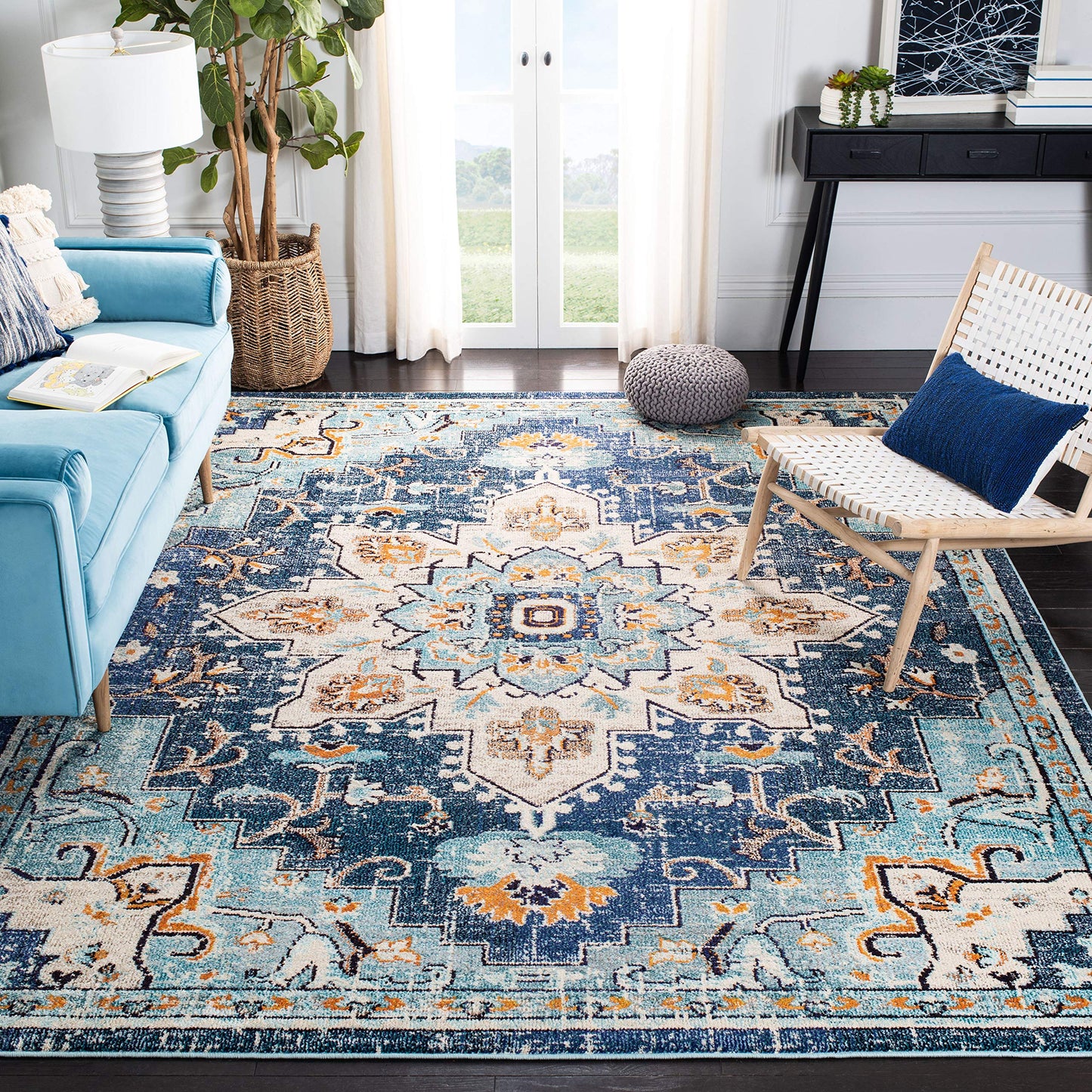 SAFAVIEH Area Rug 9x12 - Madison Collection - Large - Blue & Light Blue, Boho Chic Distressed Medallion Design, Non-Shedding & Easy to Clean, Ideal for Living Room, Bedroom, Dining Space (MAD473M)