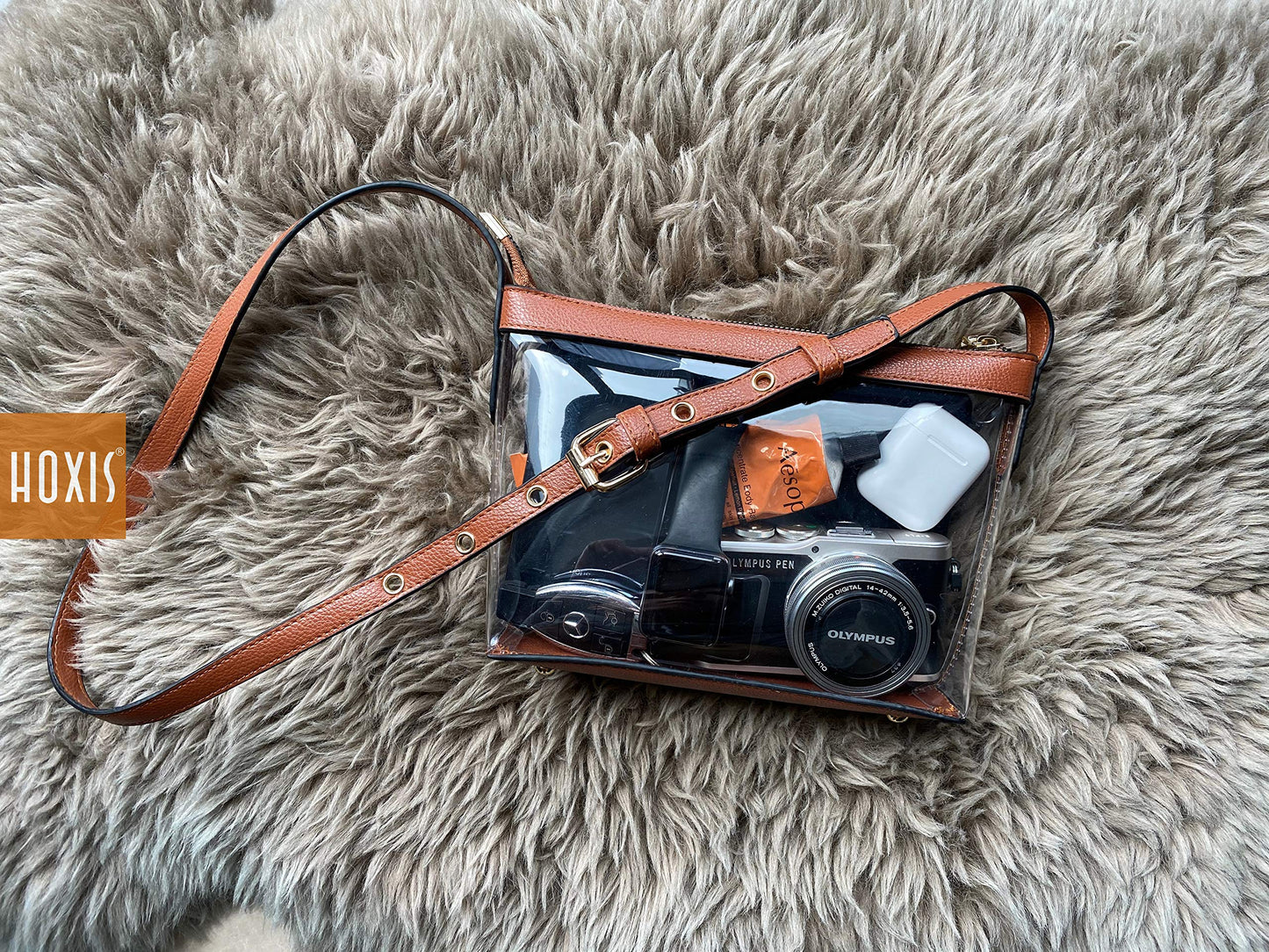 Clear Zipper Cross Body Bag with Vegan Leather Trim (Brown) Small