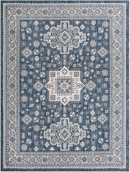 Rugs.com - Outdoor Aztec Rug – 9' x 12' Blue Indoor/Outdoor Rug – Washable Stain-Resistant Flatweave for Patios, Decks, and Porches