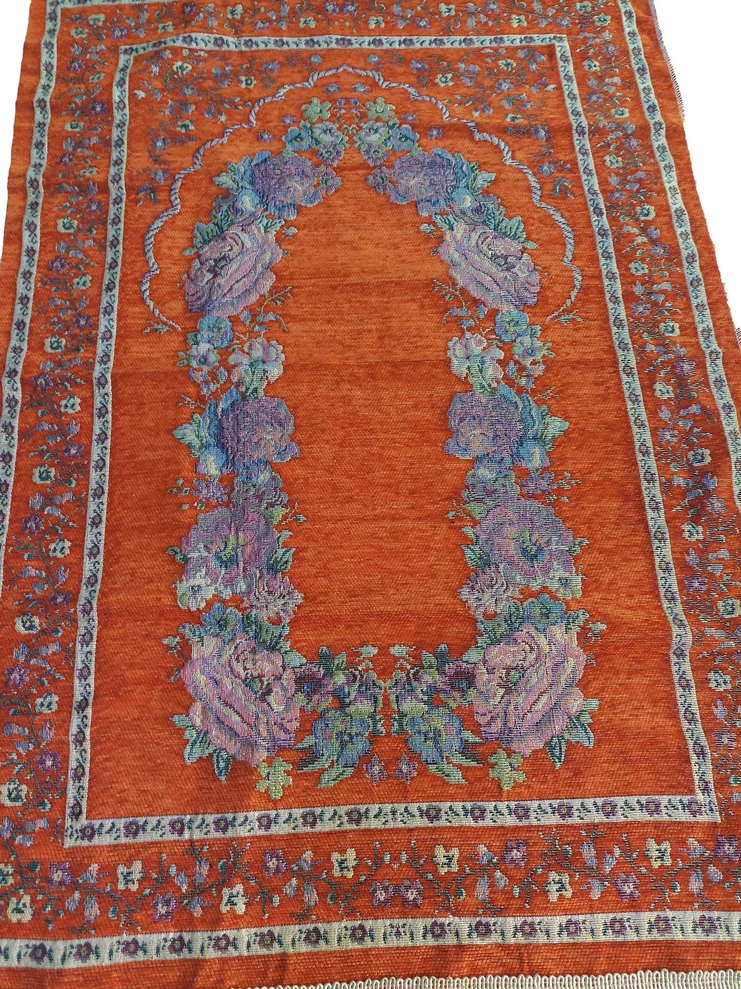 Islam Portable Sajadah Carpet Thin Prayer Mat Janamaz AMN-211 Floral Design Chenille Worship Blanket Travel Rug Namaz Area Muslim Gift (Orange)