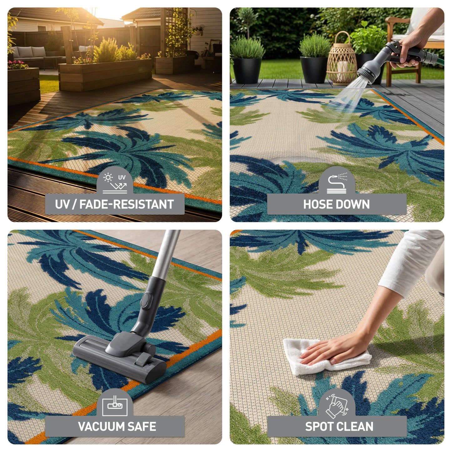 Rugshop Indoor/Outdoor High-Low Textured Area Rug, Palm Border, Easy-Clean Patio Rug for Porch Deck Balcony 4' x 6' Beige/Multi