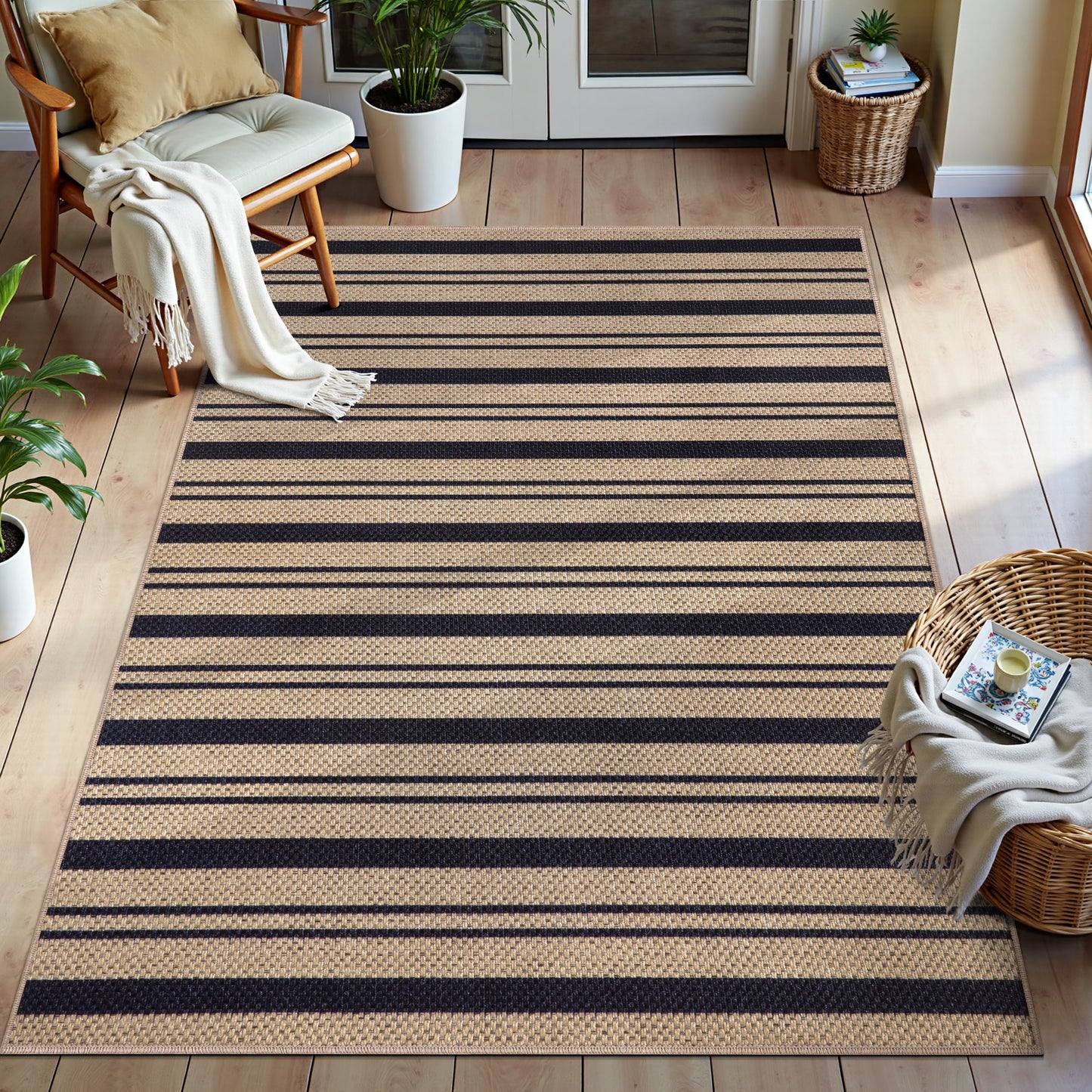 Tangsoo Stripe Easy Jute Rug,Ultra Thin 3x5 Washable Area Rug for Bedroom,Non-Slip Black Indoor Outdoor Rug Modern Farmhouse Low Pile Carpet for Patio Backyard Entryway