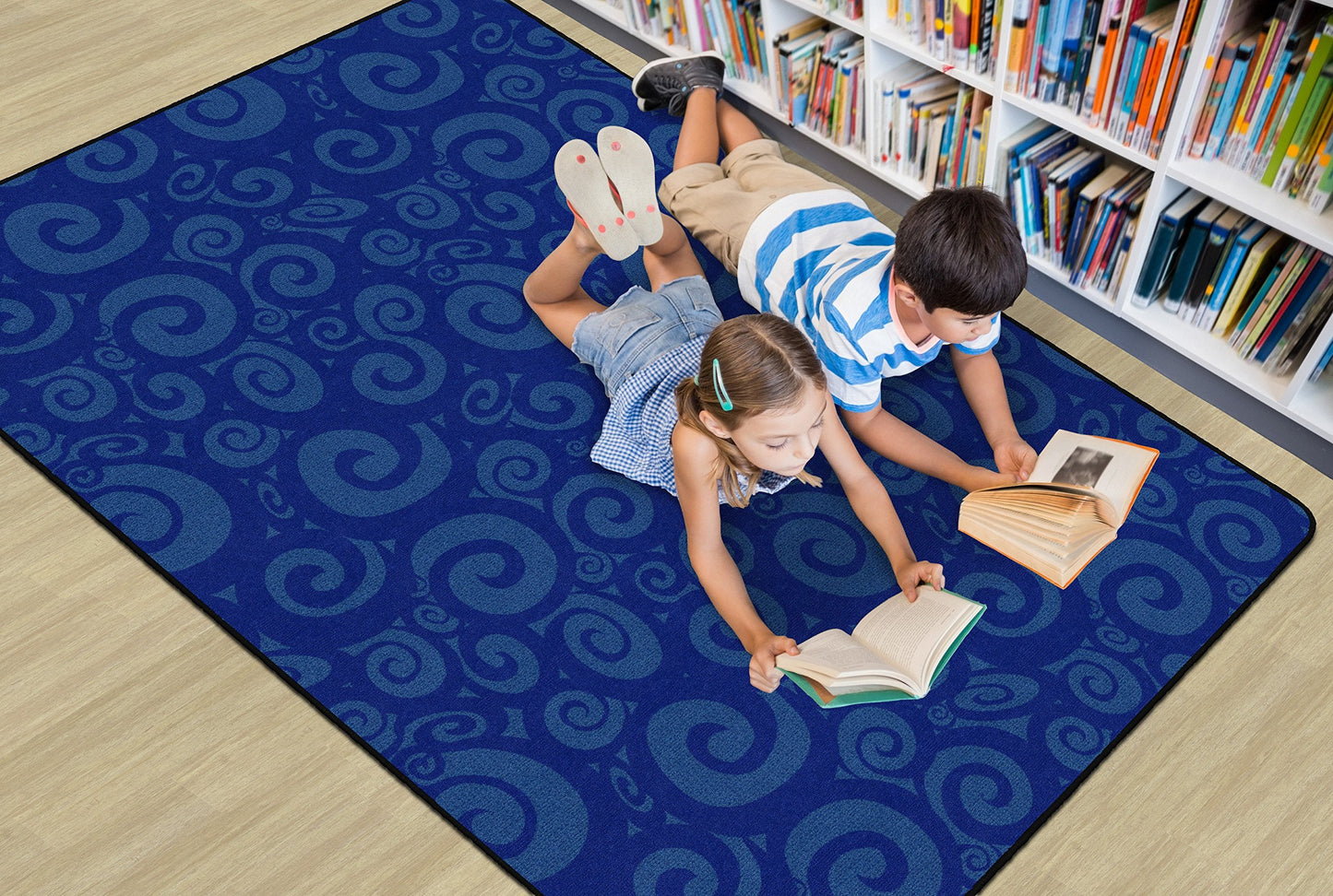 Flagship Swirl Tone on Tone Carpet for Children's Classroom and Bedroom Area Rug, Playroom or Teaching Area for Playtime and Reading, 6' x 8'4", Blue