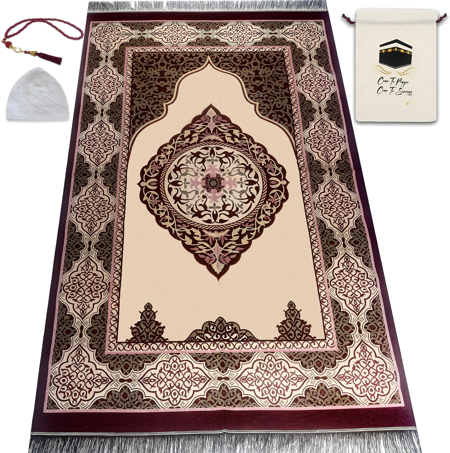 ESERRA Muslim Prayer Rug - 99 Beads & Cap Included, Islam Prayer Mats for Men, Women & Kids (Red)
