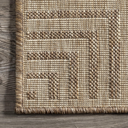 """nuLOOM 5' x 8' Outdoor Area Rug, Casual Design With Striped Border, Stain Resistant, Highly Durable, For Patio, Balcony, Bedroom, Living Room, Dining Room, Bathroom, Light Brown"""