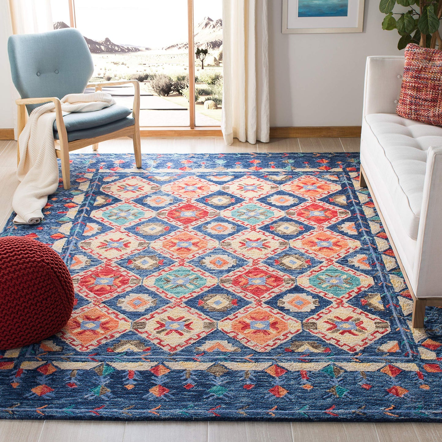 SAFAVIEH Aspen Collection 8' x 10' Navy / Orange APN515N Handmade Boho Wool Area Rug