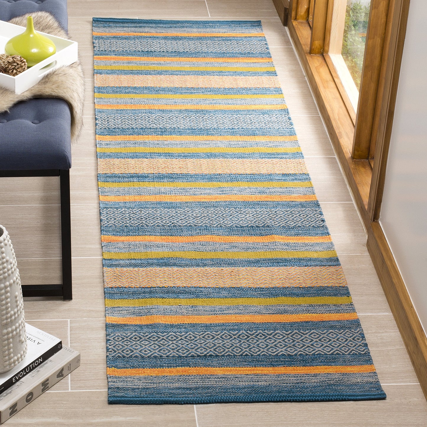 SAFAVIEH Montauk Collection Runner Rug - 2'3" x 8', Blue & Orange, Handmade Flat Weave Stripe Cotton, Ideal for High Traffic Areas in Living Room, Bedroom (MTK213A)