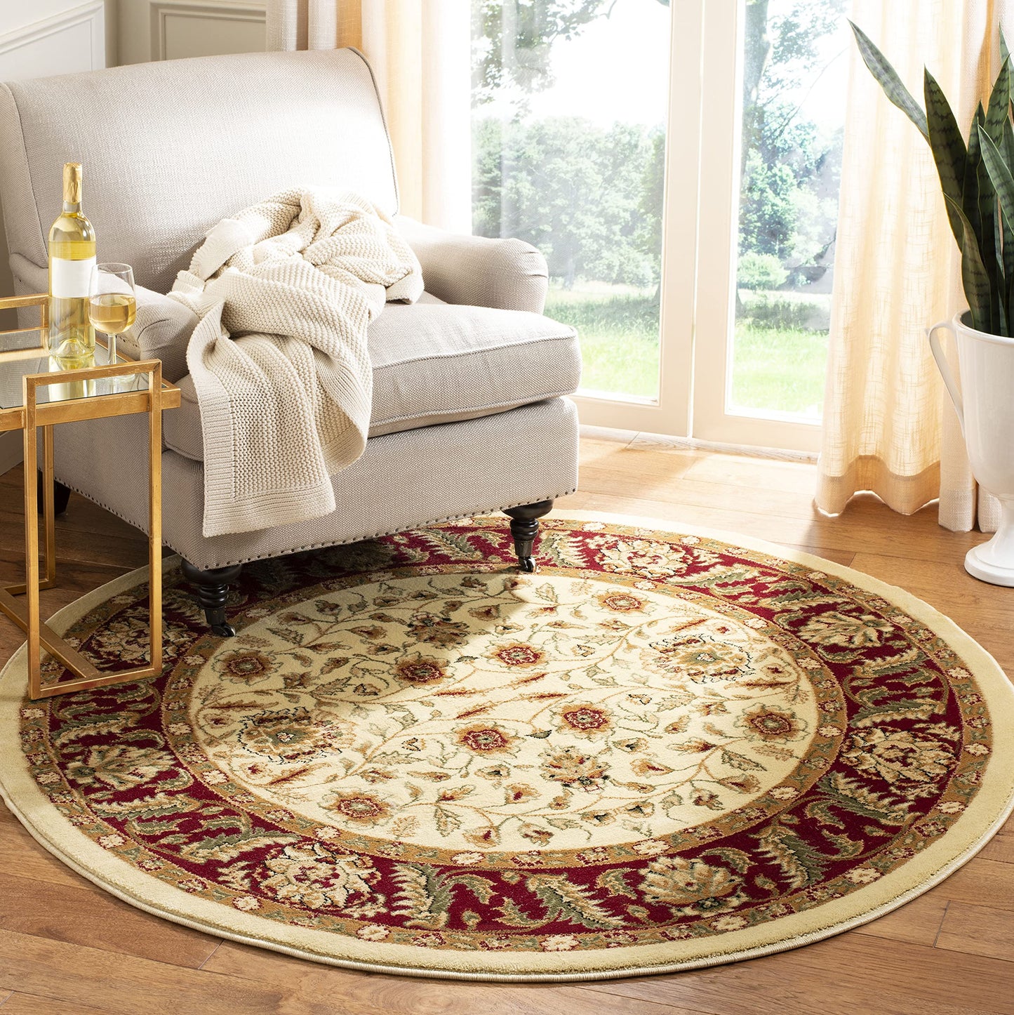SAFAVIEH Lyndhurst Collection 8' Round Ivory/Red LNH215A Traditional Oriental Non-Shedding Dining Room Entryway Foyer Living Room Bedroom Area Rug