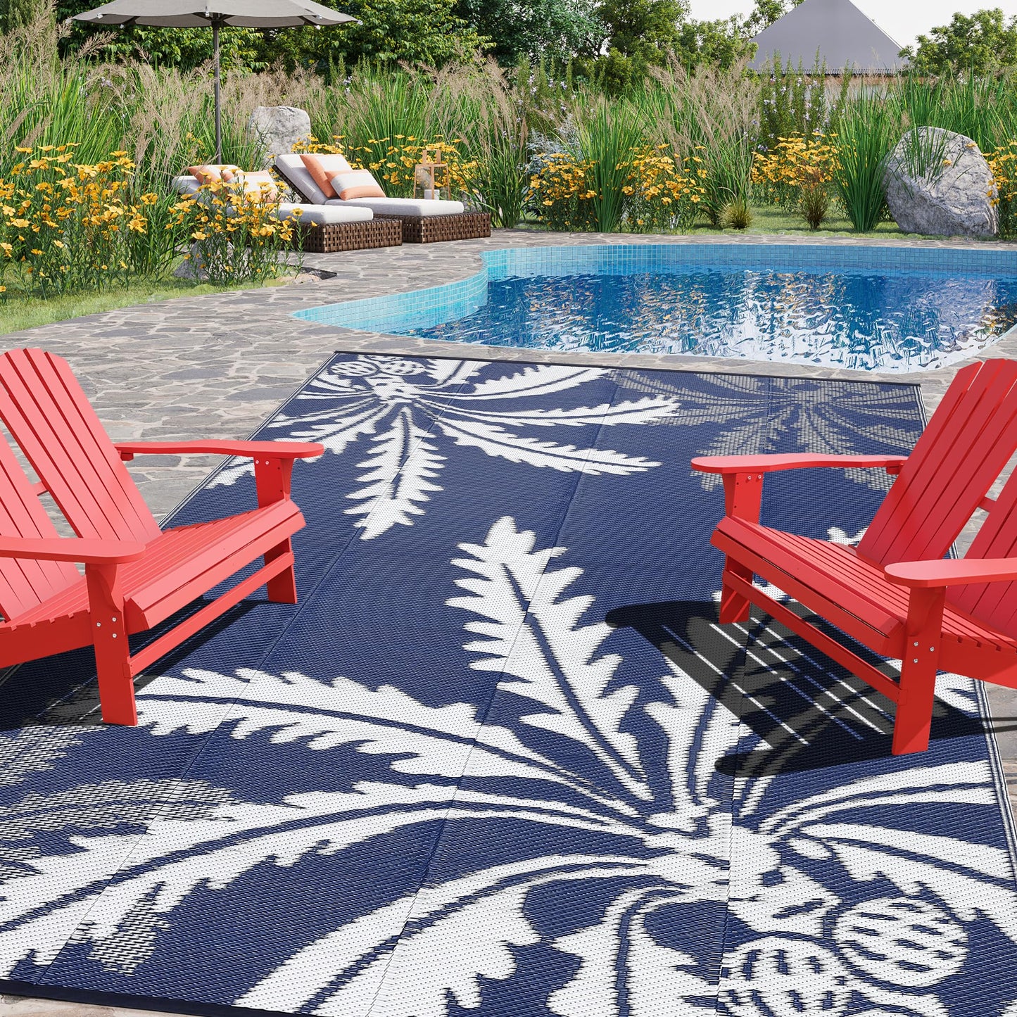 IDEALHOUSE Waterproof Outdoor Rug 8x10 for Patio, Reversible Modern Area Rug, Large Plastic Straw Mat for Camping, RV, Porch, Backyard, Deck, Picnic, Beach, Blue & White