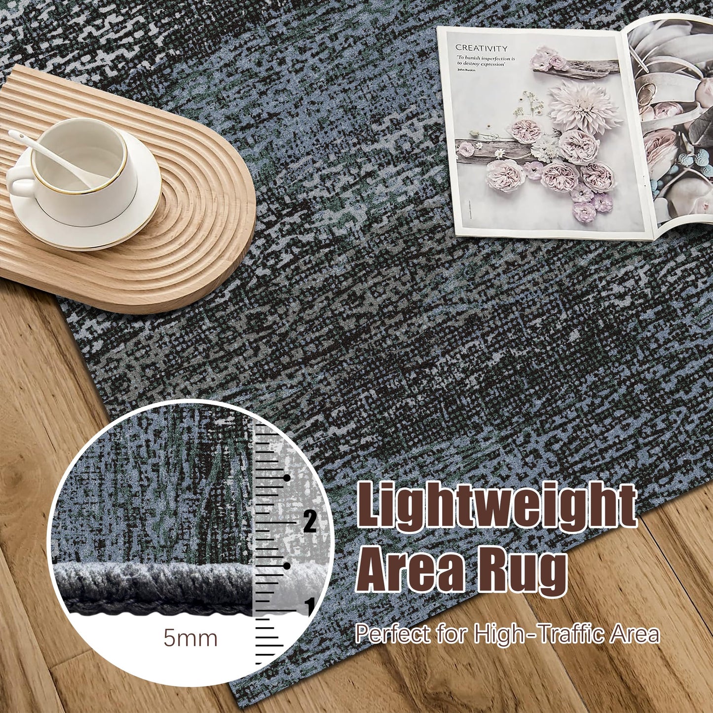 RUGSURE Washable Area Rug - 1/6 Thick - Stain & Water Resistant Non-Slip - Resistant Rug for Living Room, Bedroom, Nursery, Pet & Child Friendly, Vintage Charm Area Rugs (Darkgrey+Bule, 5' x 7')