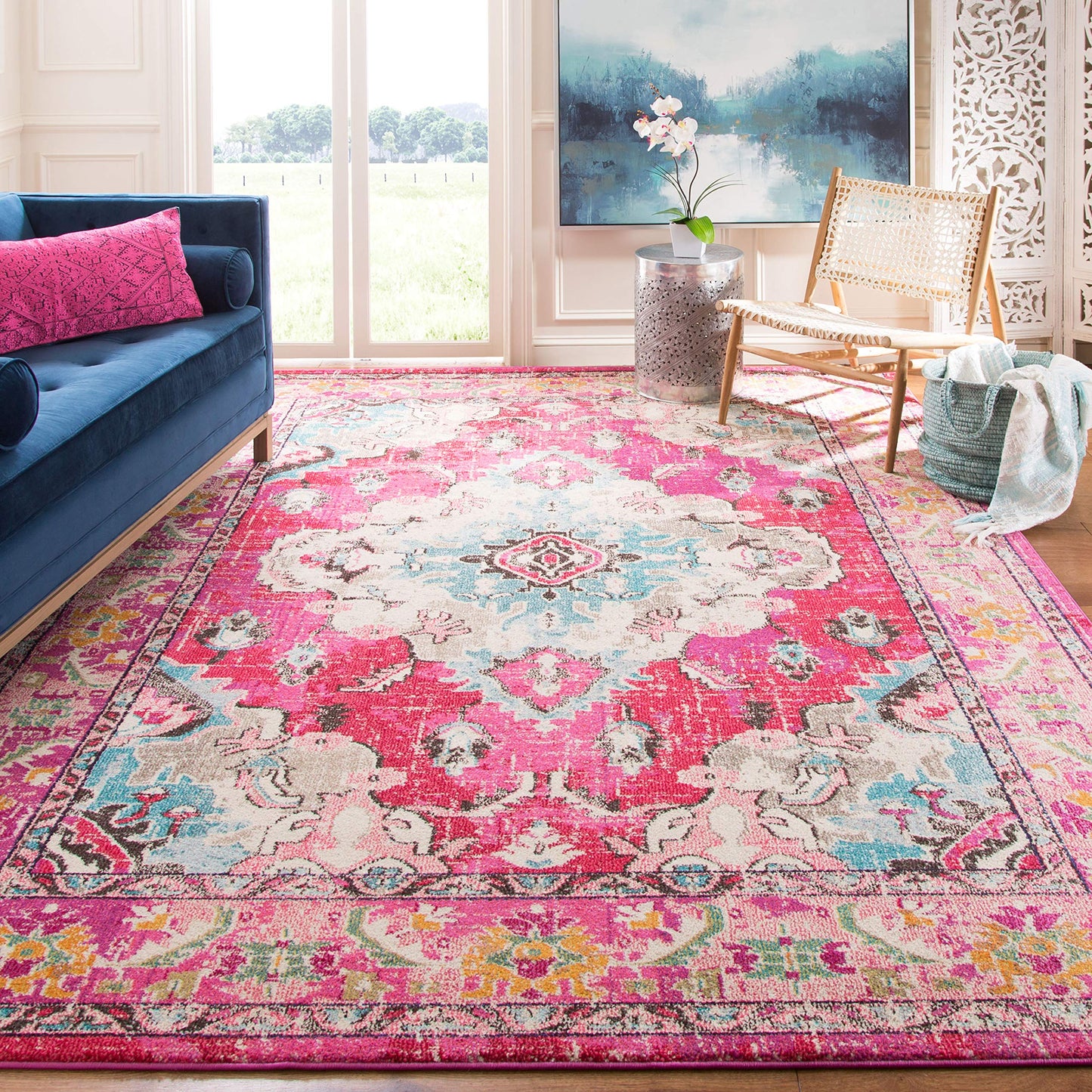 SAFAVIEH Monaco Collection Area Rug - 5' Square, Pink & Multi, Non-Shedding & Easy to Clean, Distressed Medallion Design, Ideal for Living Room, Bedroom, Dining Space (MNC243D)