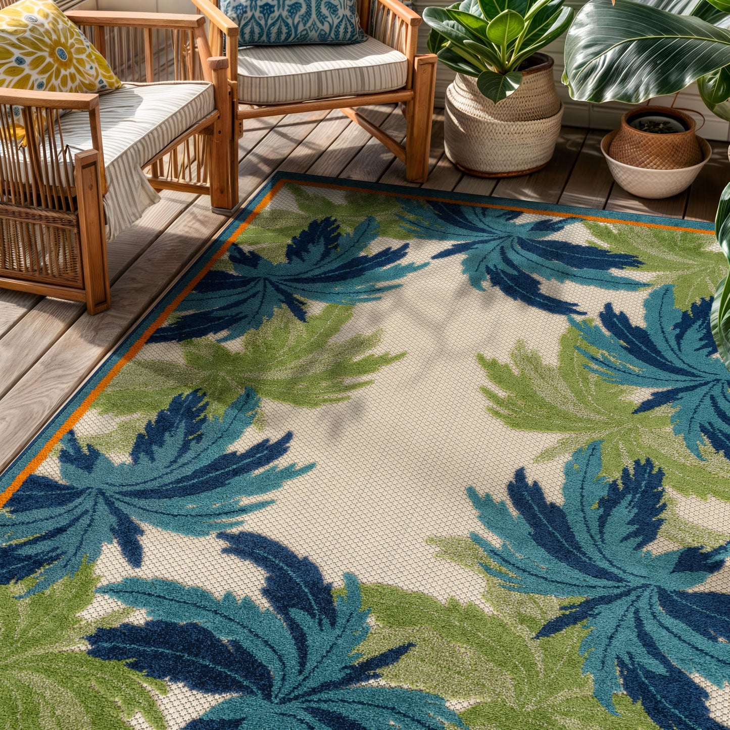 Rugshop Indoor/Outdoor High-Low Textured Area Rug, Palm Border, Easy-Clean Patio Rug for Porch Deck Balcony 4' x 6' Beige/Multi