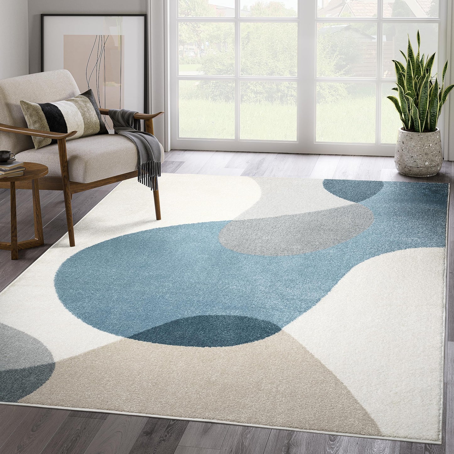 Abani Deco Collection Area Rug - Cream/Blue Mid-Century Design - 4' x 6' - Easy to Clean - Durable for Kids and Pets - Non-Shedding - Medium Pile - Soft Feel - for Living Room, Bedroom & Office