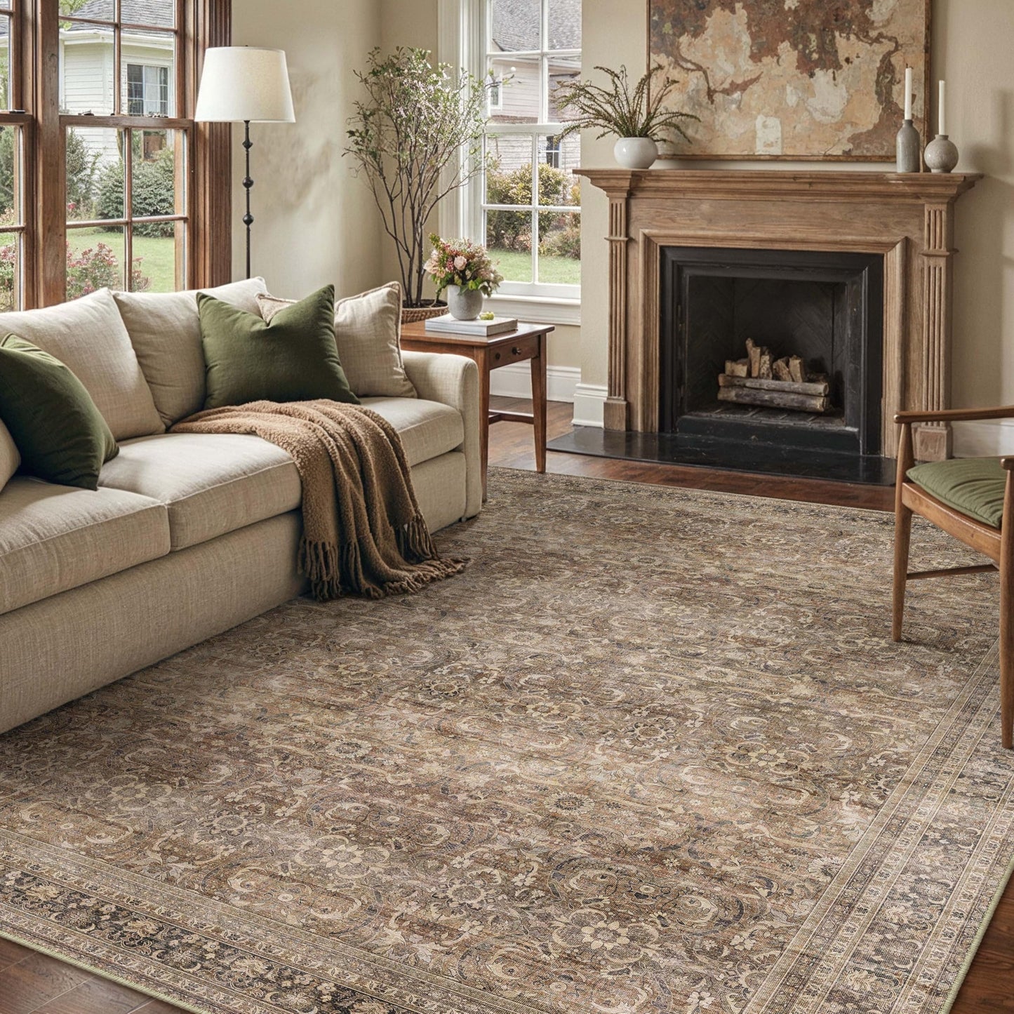 HUGEAR Area Rug 8x10 Vintage Brown Machine Washable Living Room Rugs Distressed Retro Floral Vacuumable Low Pile Carpet Bedroom Office Dining Room Laundry Room Non Slip Soft Lightweight