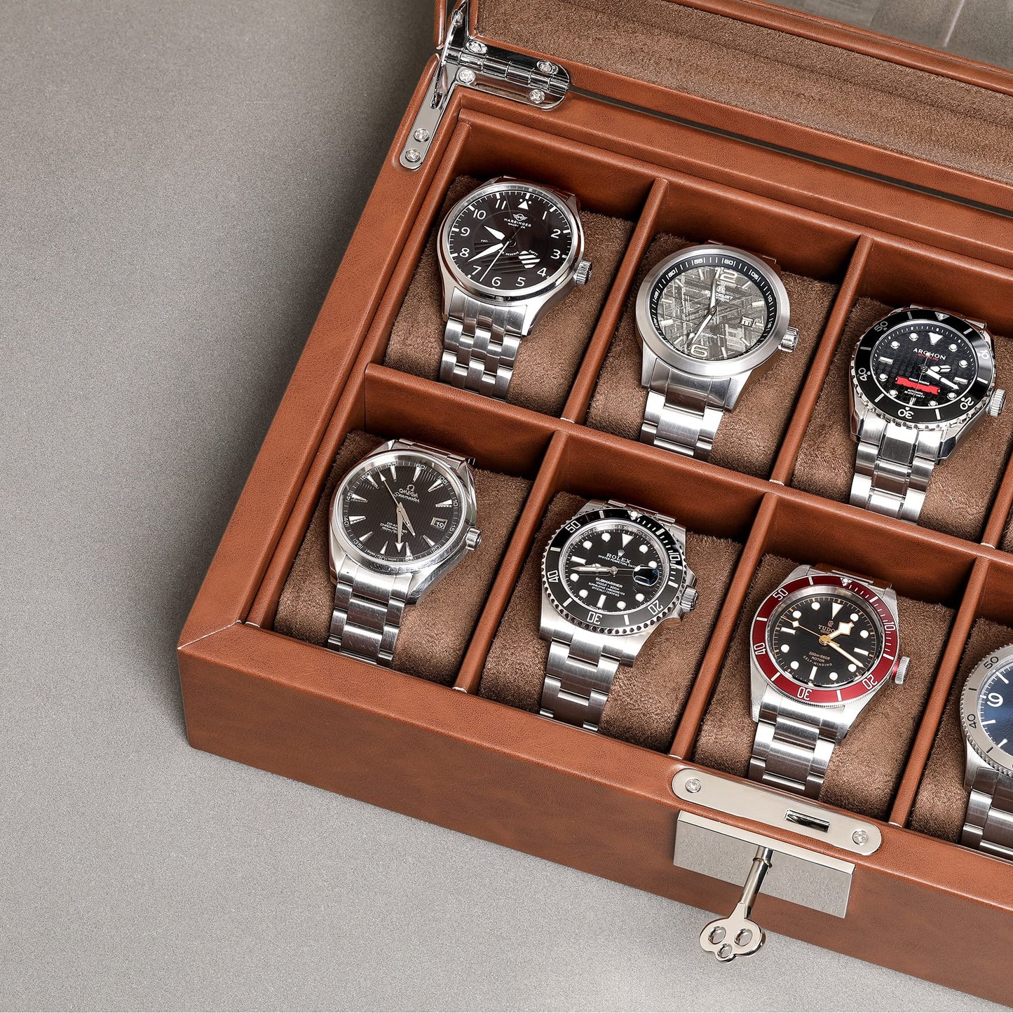 ROTHWELL 10 Slot Leather Watch Box - Luxury Case Display Jewelry Organizer - Locking Watch Display Case Holder with Large Glass Top - Box Organizer for Men and Women (Tan/Brown)