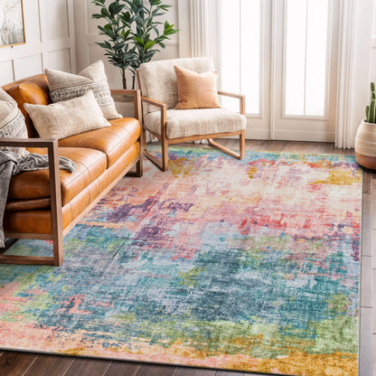 Rugshop Multi Abstract Distressed Area Rug, Machine Washable Non-Slip Modern Artistic Carpet for Living Room, Bedroom and Home Office, 5' x 7'