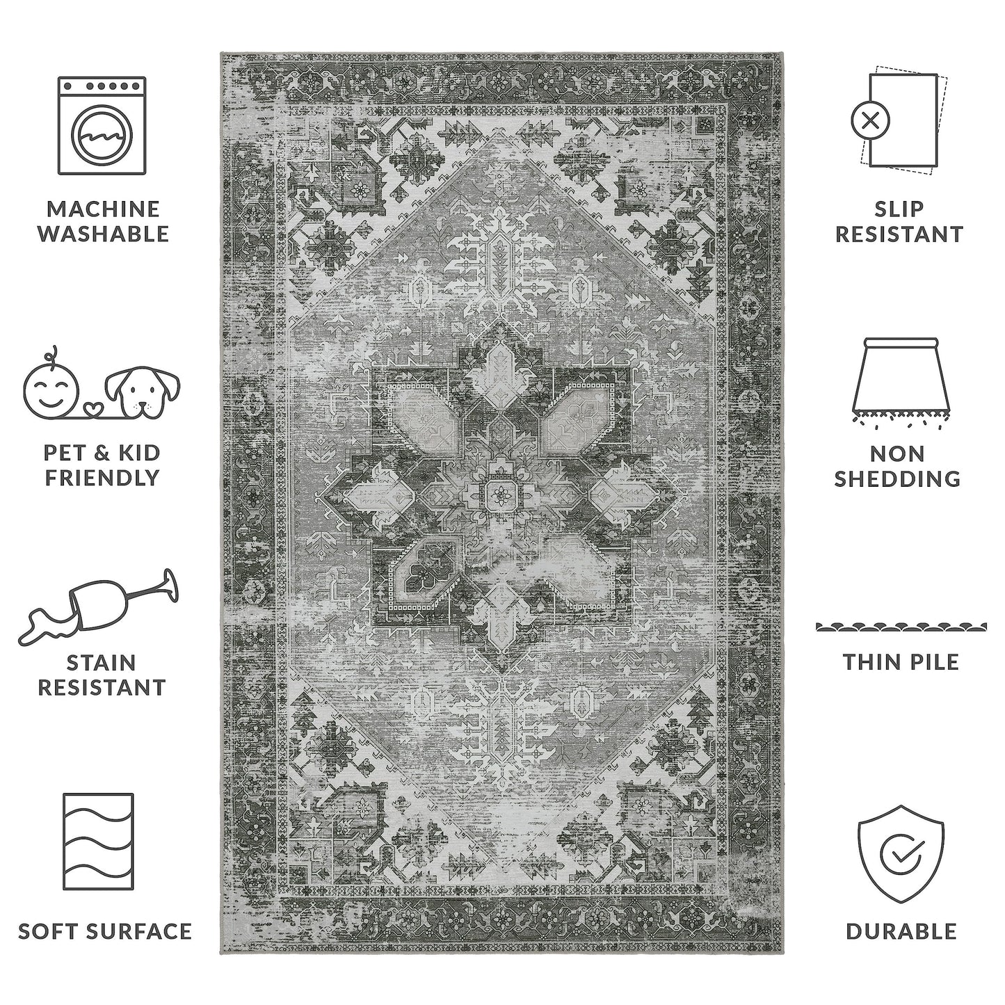 SAFAVIEH Washable Rug Tucson Collection - 4' x 6', Dark Sage & Ivory, Slip Resistant & Easy to Clean, Ideal for Foyer, Kitchen, Nursery, Office, Bedroom (TSN102F)