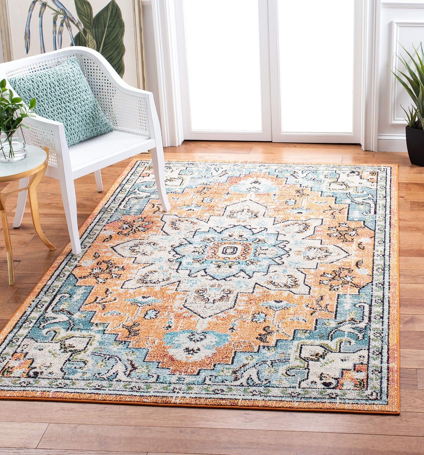 SAFAVIEH Area Rug 6x9 - Madison Collection - Orange & Teal, Boho Chic Distressed Medallion Design, Non-Shedding & Easy to Clean, Ideal for Living Room, Bedroom, Dining Space (MAD473P)