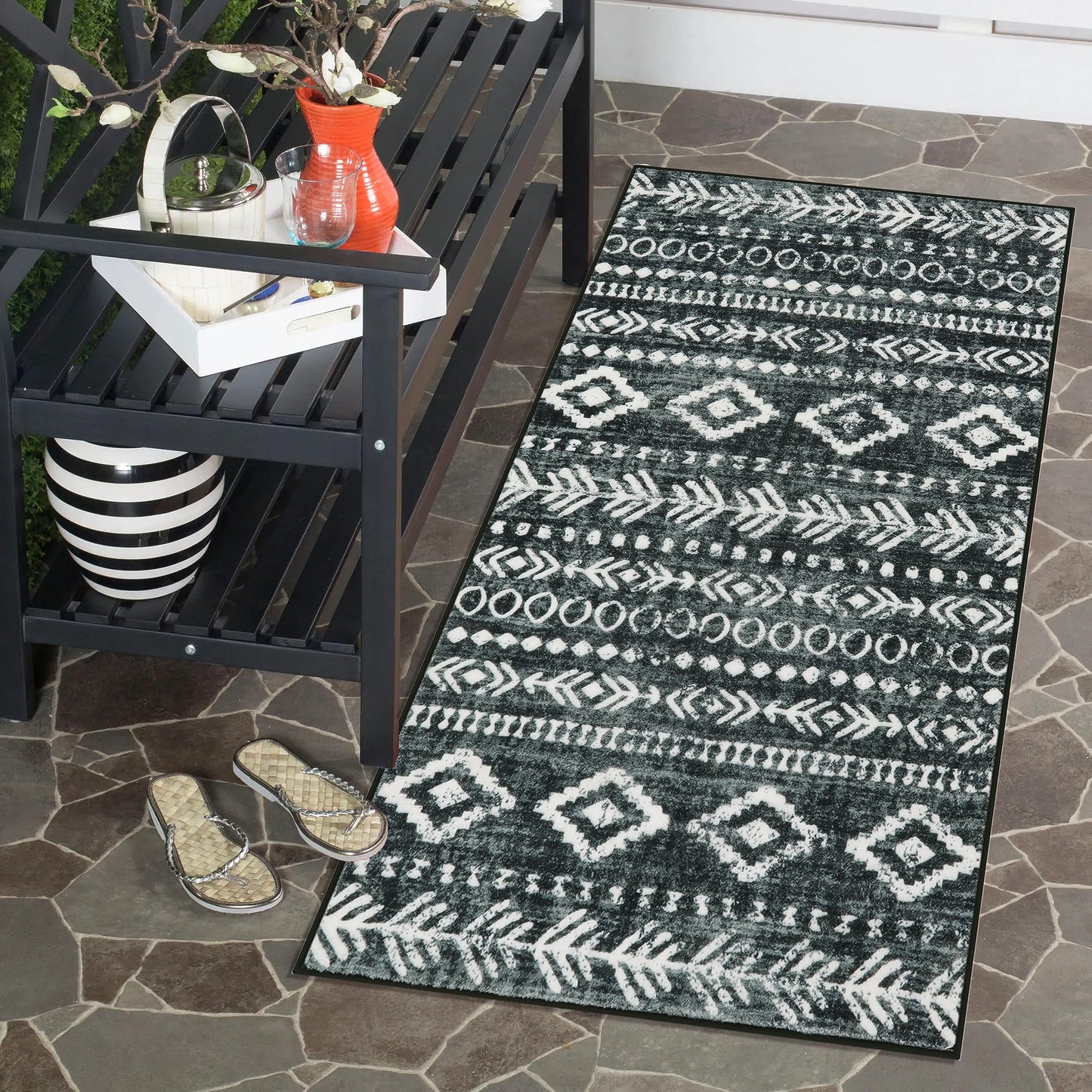 Lahome Boho Moroccan Kitchen Rug, Washable Black White 2x4 Entryway Rugs Non Slip with Rubber Backing, Low-Pile Soft Farmhouse Tribal Print Throw Rug Indoor Small Carpet for Bathroom Entry Varena