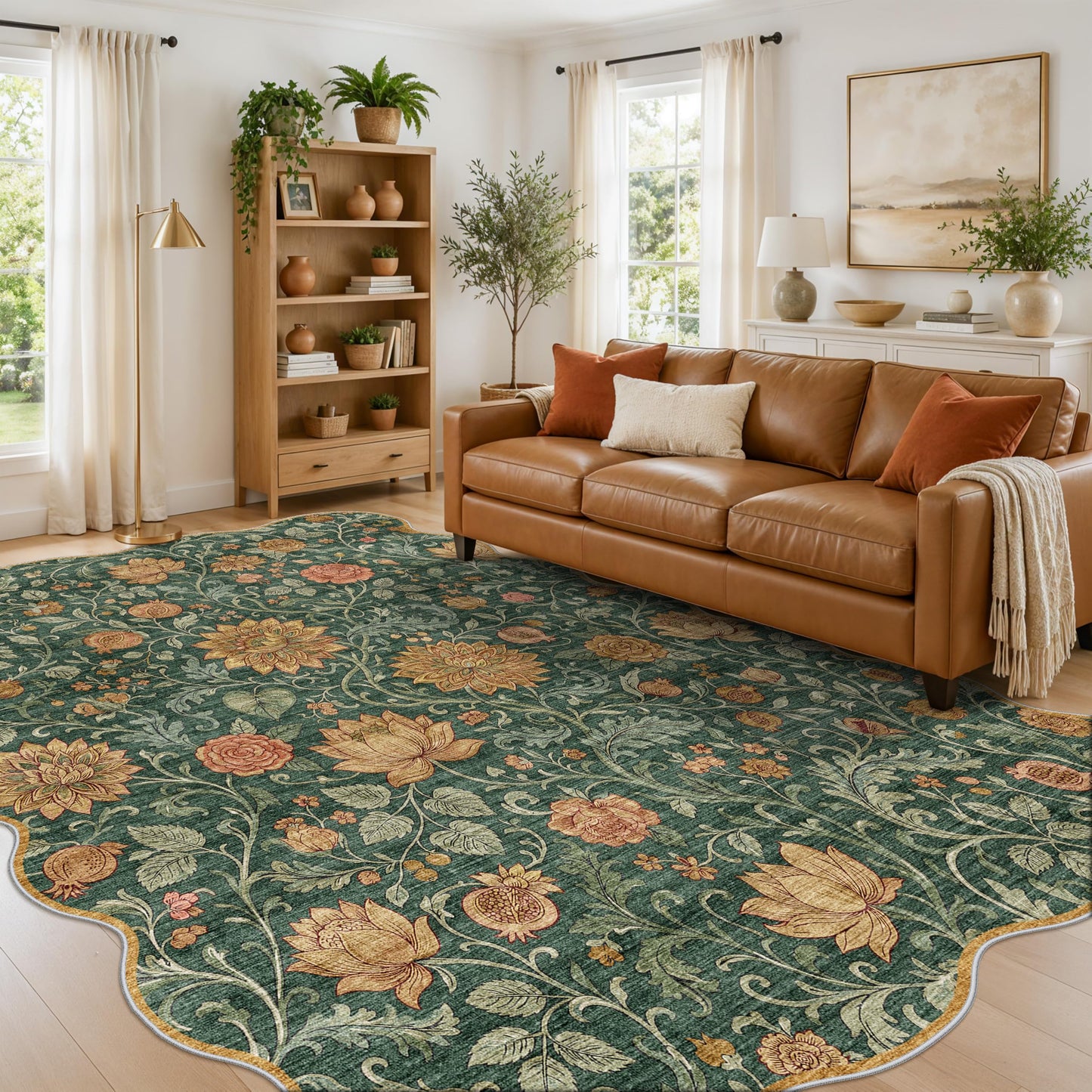 9x12 Floral Scallop Edge Rug: Soft Washable Green Scalloped Living Room Rug Stain Resistant Easy-Clean Flower Rugs for Bedroom Thin Non-Slip Boho Floral Area Rug for Dining Room Office (9x12ft,Green)