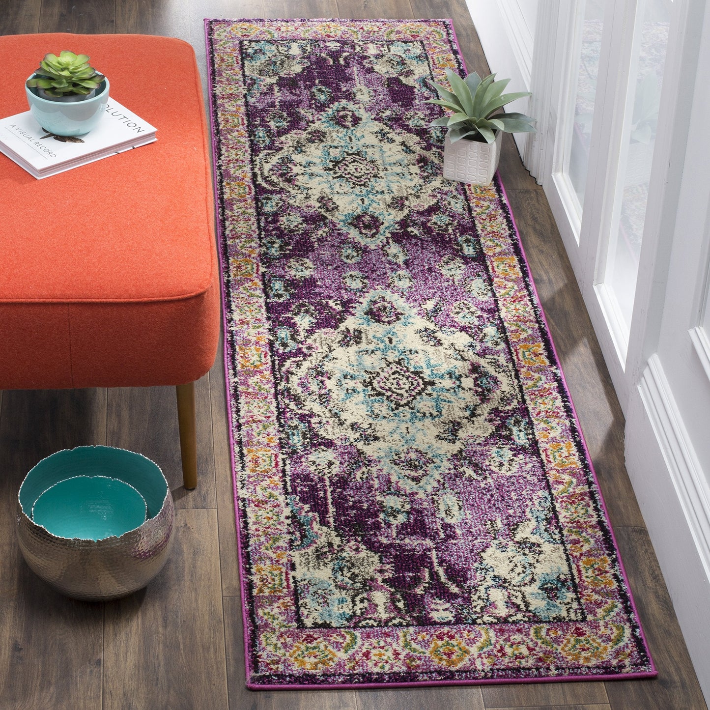 SAFAVIEH Monaco Collection Runner Rug - 2'2" x 6', Violet & Light Blue, Non-Shedding & Easy to Clean, Distressed Medallion Design, Ideal for Hallway, Foyer, Entryway, Kitchen, Bedroom (MNC243L)