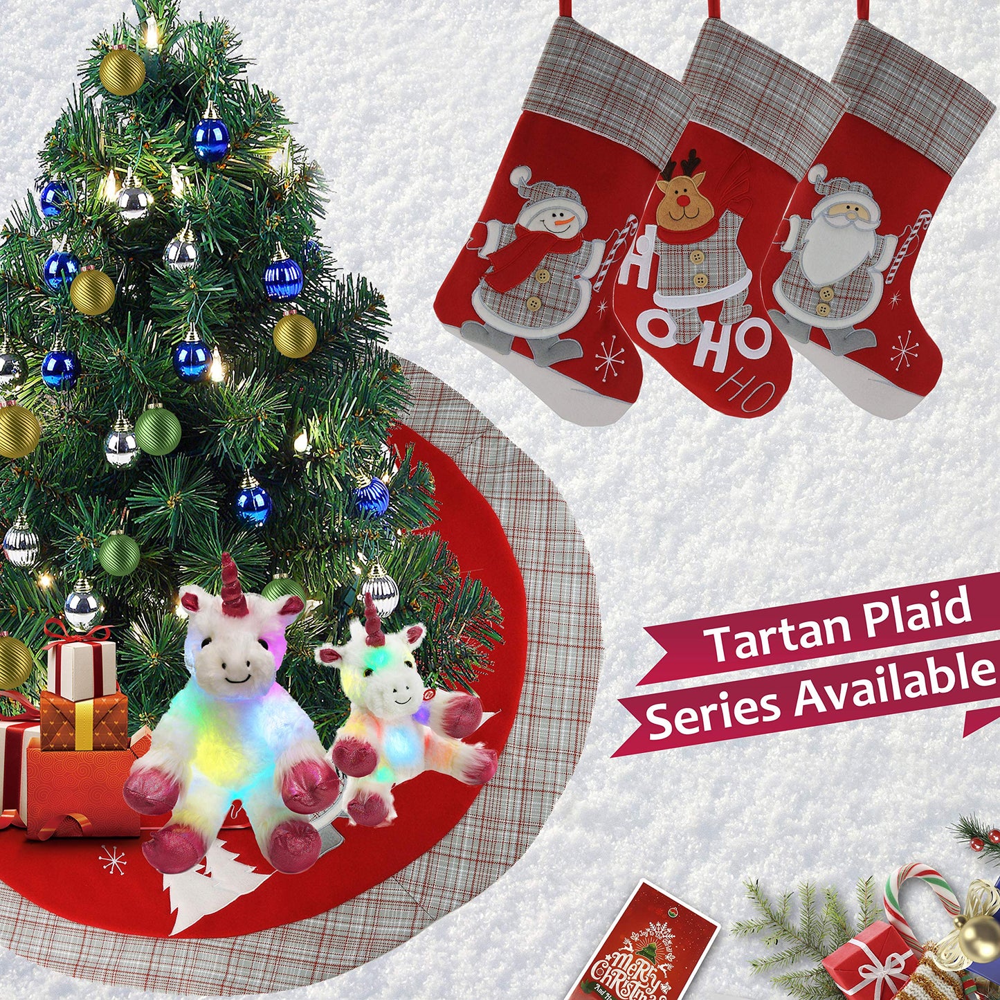 WEWILL Lovely Christmas Stockings Set of 3 Santa, Snowman, Reindeer, Xmas Character 3D Plush Linen Hanging Tag Knit Border for Family Kids
