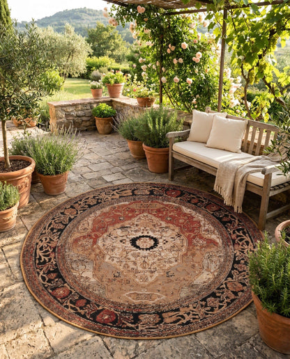Rugs.com - Outdoor Traditional Rug – 4 Ft Round Multi Indoor/Outdoor Rug – Weather-Resistant Flatweave for Patios, Decks, and Porches