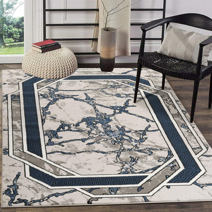 GLORY RUGS Area Rug Modern 8x10 Navy Grey White Black Soft Contemporary Floor Carpet with Premium Fluffy Texture for Indoor Living Dining Room and Bedroom Area