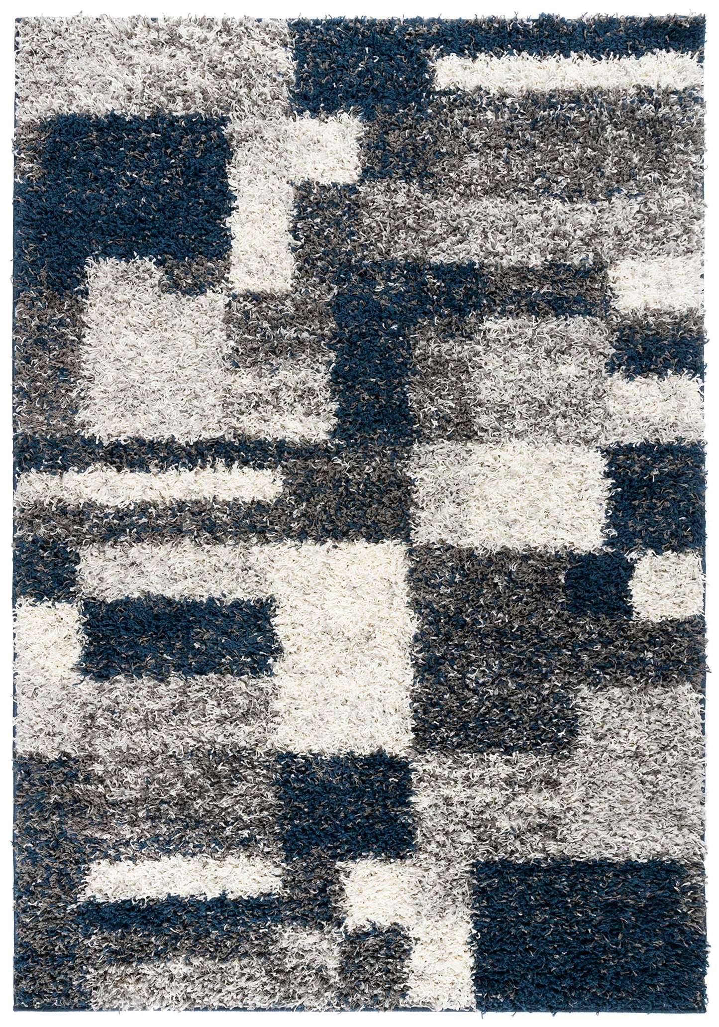 Rugshop Navy Distressed Modern Boxes Plush Shag Area Rug — Non-Shedding Soft for Living Room, Dining Room and Bedroom, 5' x 7'